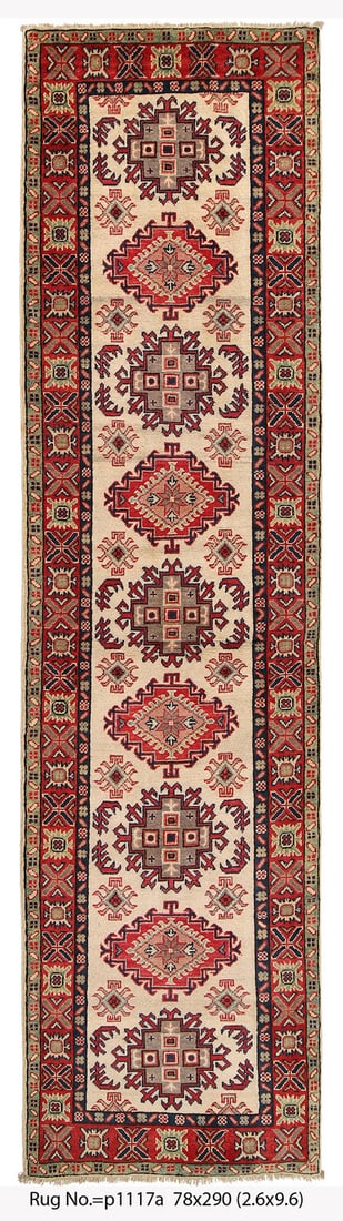 Handmade 2.7 x 9.6 Kazak Wool Runner Rug from Pakistan: Handmade 2.7 x 9.6 Kazak Wool Runner Rug from Pakistan Free continental US Shipping Introducing a magnificent Handmade Pakistan Wool Genuine Kazak Rug, measuring 2'7" x 9'6" (31 in x 114 in). This stu