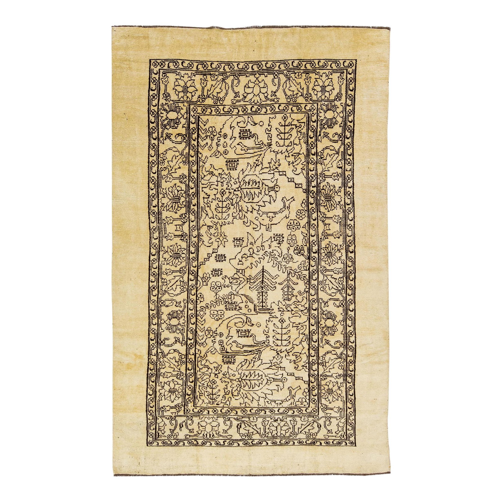 Handmade Beige Wool Rug Mid-Century Modern Floral Design 6'9 x 11: Handmade Beige Wool Rug Mid-Century Modern Floral Design 6'9 x 11 Experience the elegance of this Transitional Style Handmade Beige Wool Rug, a perfect blend of classic and modern aesthetics. Inspired