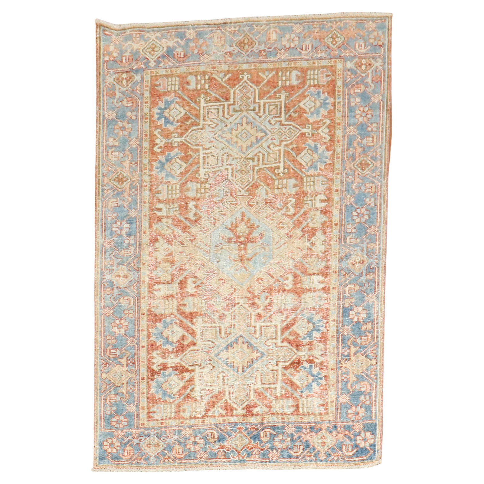 Antique Heriz Rug 2'11'' x 4'1'' Hand-Woven Wool Iran 1920: Antique Heriz Rug 2'11'' x 4'1'' Hand-Woven Wool Iran 1920 This antique Heriz rug showcases a beautiful terracotta and blue design, expertly hand-woven from high-quality wool. With origins in Iran, th
