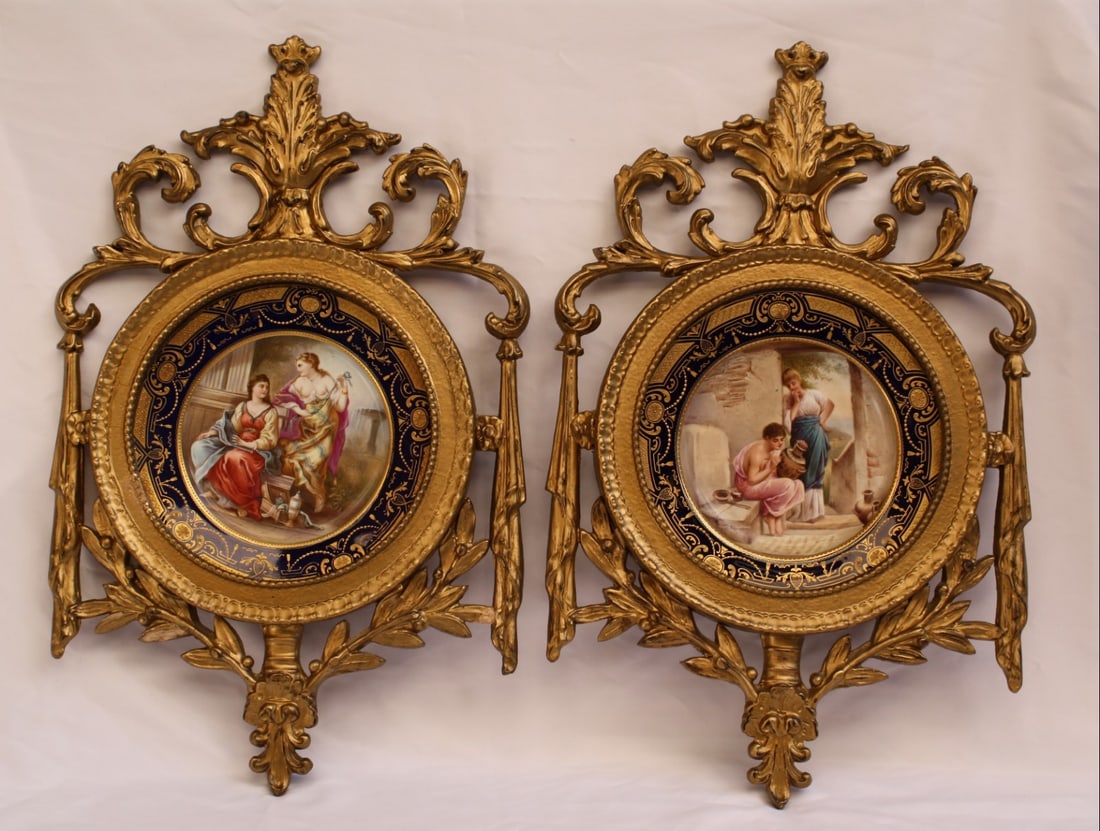 19th Century Austrian Hand-Painted Porcelain Plates in Gilt Frames: 19th Century Austrian Hand-Painted Porcelain Plates in Gilt Frames Discover a stunning pair of 19th Century Austrian hand-painted porcelain plates elegantly showcased in gilt wood frames. Each plate f
