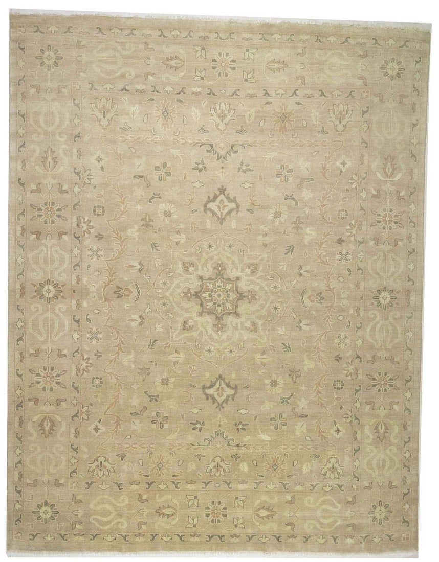 Handmade Wool Floral Transitional 11'8 x 14'11 Area Rug Modern Muted Colors: Handmade Wool Floral Transitional 11'8 x 14'11 Area Rug Modern Muted Colors This handmade transitional oriental rug features a muted floral pattern in pinkish beige, cream, brown, and other subtle ton
