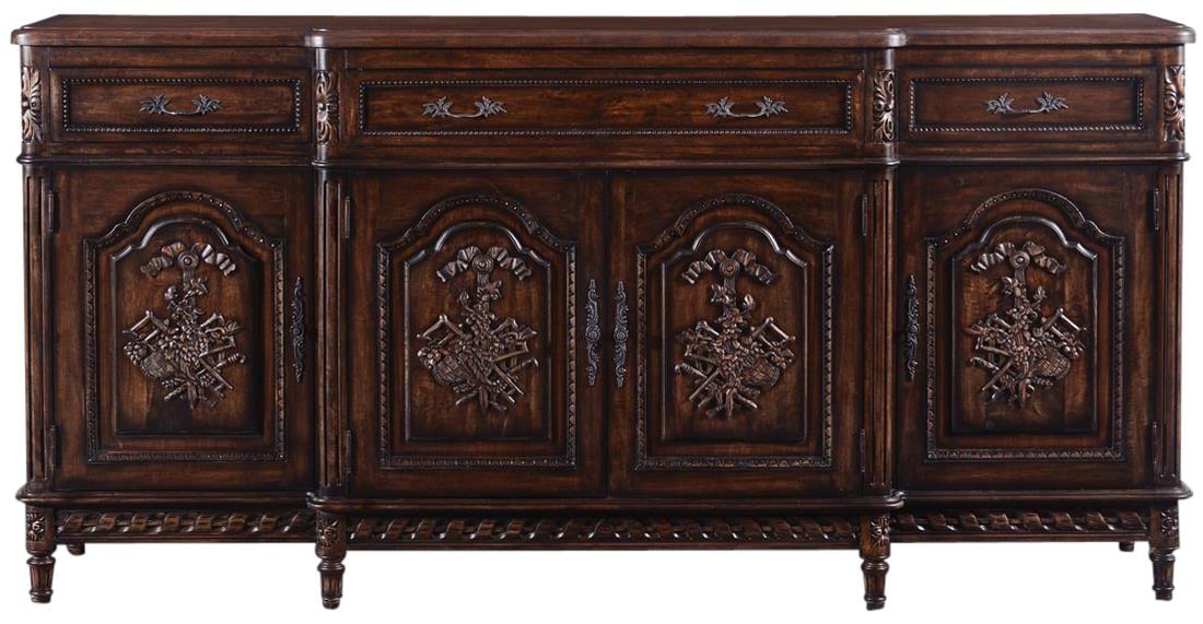 Louis XVI Four Door Sideboard Solid Wood Antiqued Brown Finish: Louis XVI Four Door Sideboard Solid Wood Antiqued Brown Finish This exquisite Louis XVI French-Style Four Door Sideboard is a stunning addition to any dining space, showcasing a refined antique aesthe