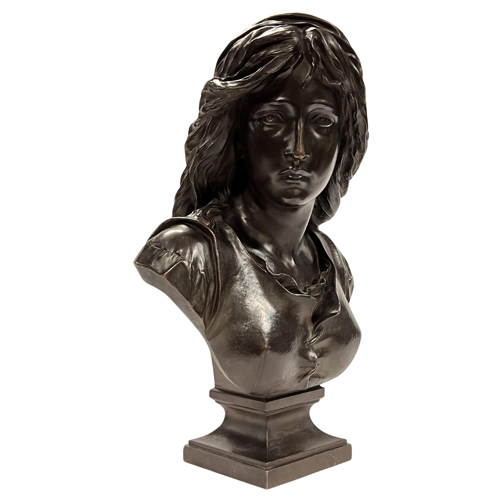 Belle Epoque Bronze Mignon Bust After Eugene Antoine Aizelin 22 Inch: Belle Epoque Bronze Mignon Bust After Eugene Antoine Aizelin 22 Inch This antique patinated bronze bust depicts Mignon, the title character from the opera comique introduced in 1866 by French composer