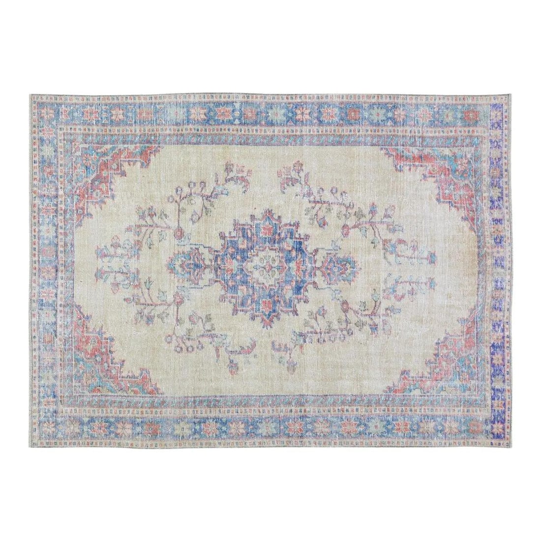 Hand-Knotted Wool Oushak Area Rug Turkish Anatolian 6'7" x 9'2": Hand-Knotted Wool Oushak Area Rug Turkish Anatolian 6'7" x 9'2" This vintage Turkish Anatolian Oushak rug is hand-knotted from wool using traditional techniques, offering a blend of timeless craftsman