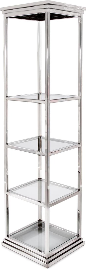 Howard Elliott Stainless Steel Glass Etagere Polished Silver 75H x 18W x 16.5D: Howard Elliott Stainless Steel Glass Etagere Polished Silver 75H x 18W x 16.5D This stylish etagere showcases a modern design crafted from high-quality stainless steel with a polished silver finish, m