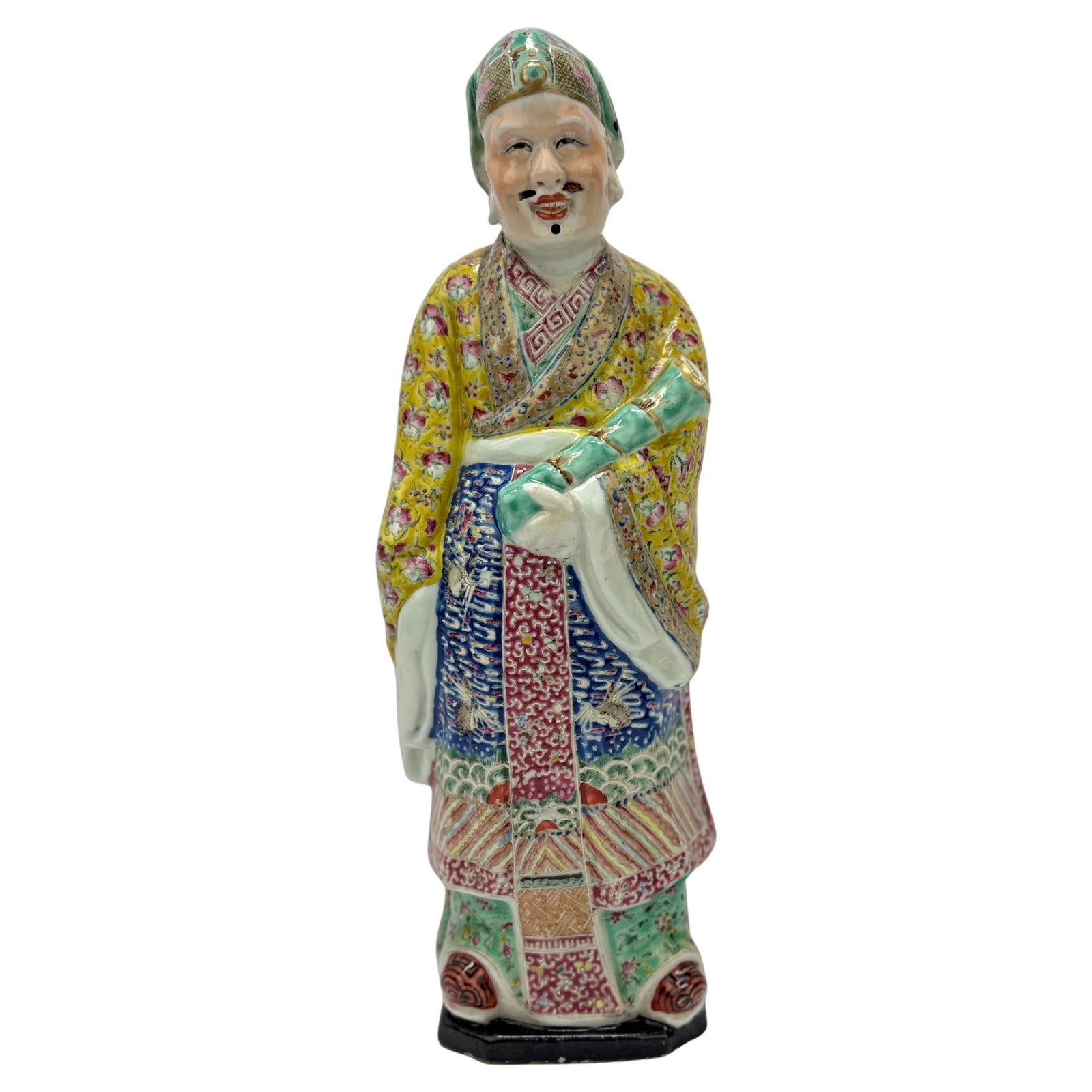 Antique Chinese Famille Rose Jaune Porcelain Scholar Figure 14in Tall: Antique Chinese Famille Rose Jaune Porcelain Scholar Figure 14in Tall This exquisite antique Chinese Famille Rose / Jaune porcelain figure stands at 14 inches tall and features vibrant decorations in 