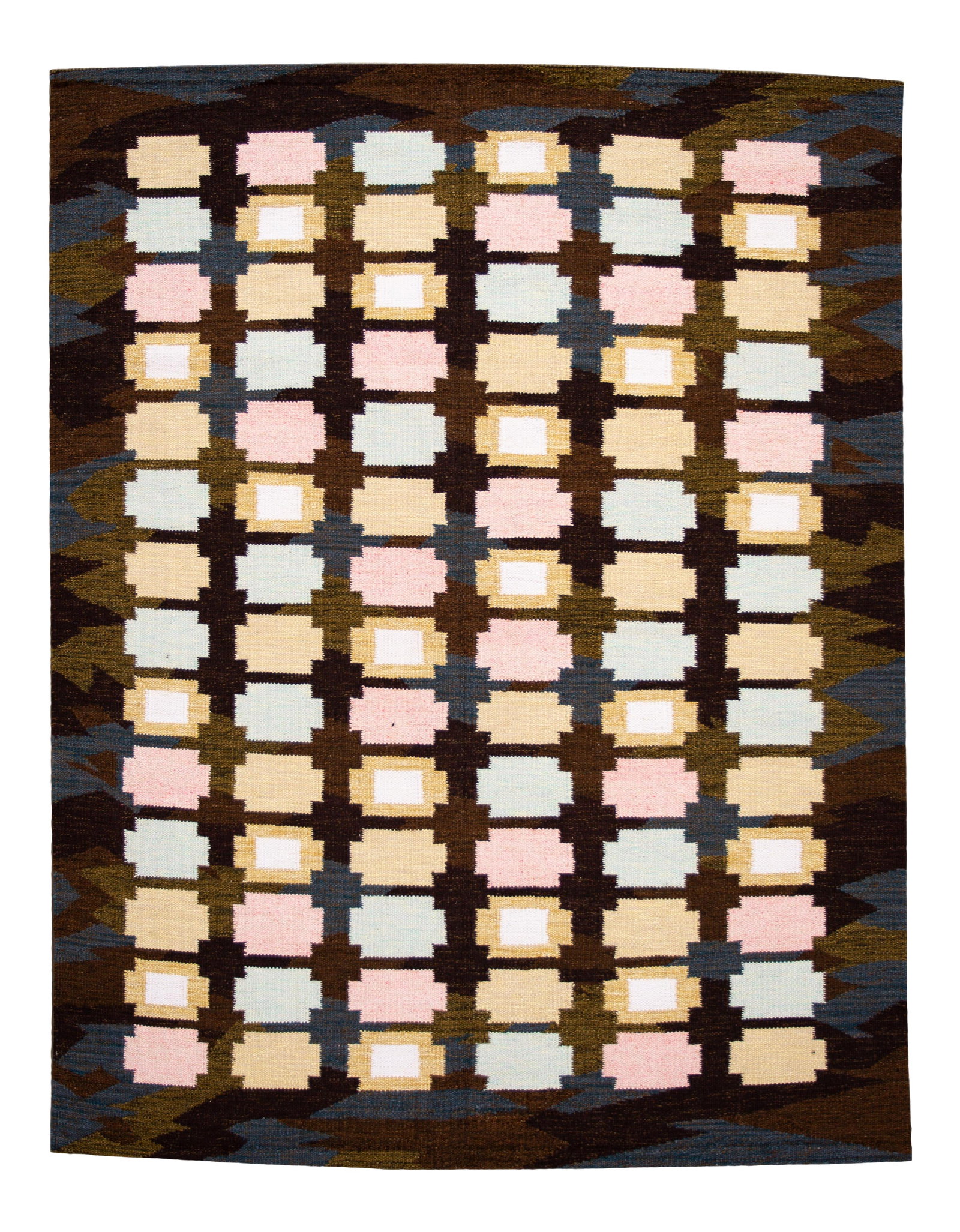Modern Swedish Wool Rug with Multicolored Geometric Patterns 8'3 x 10'4: Modern Swedish Wool Rug with Multicolored Geometric Patterns 8'3 x 10'4 Elevate your space with this stunning 21st Century Modern Swedish-Style Wool Rug, featuring a captivating brownfield and multico