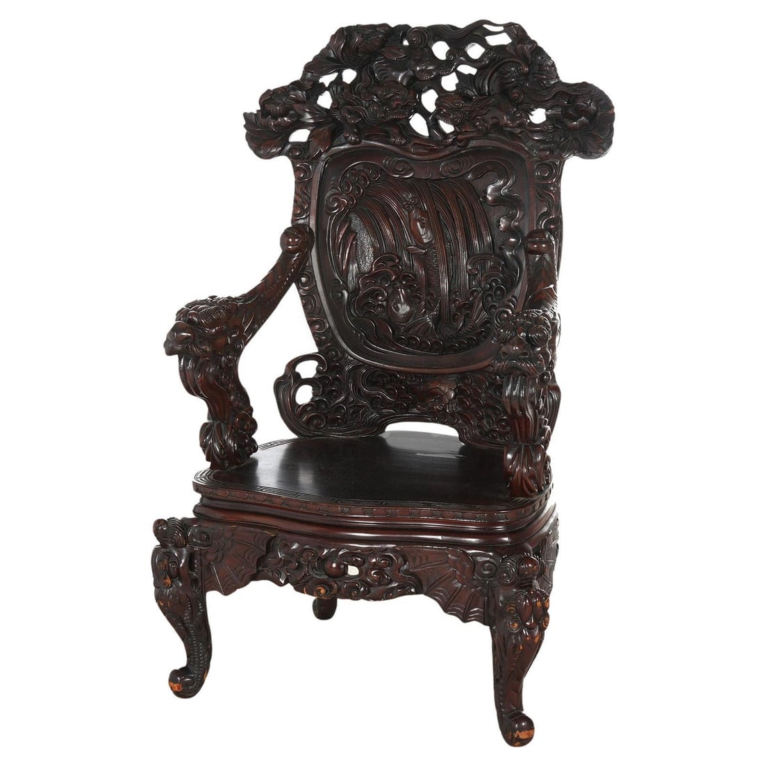 Antique Chinese Rosewood Throne Chair with Dragon Carvings 1920: Antique Chinese Rosewood Throne Chair with Dragon Carvings 1920 This exquisite antique Chinese throne chair, dating back to the 1920s, is intricately carved from high-quality rosewood. The chair featu