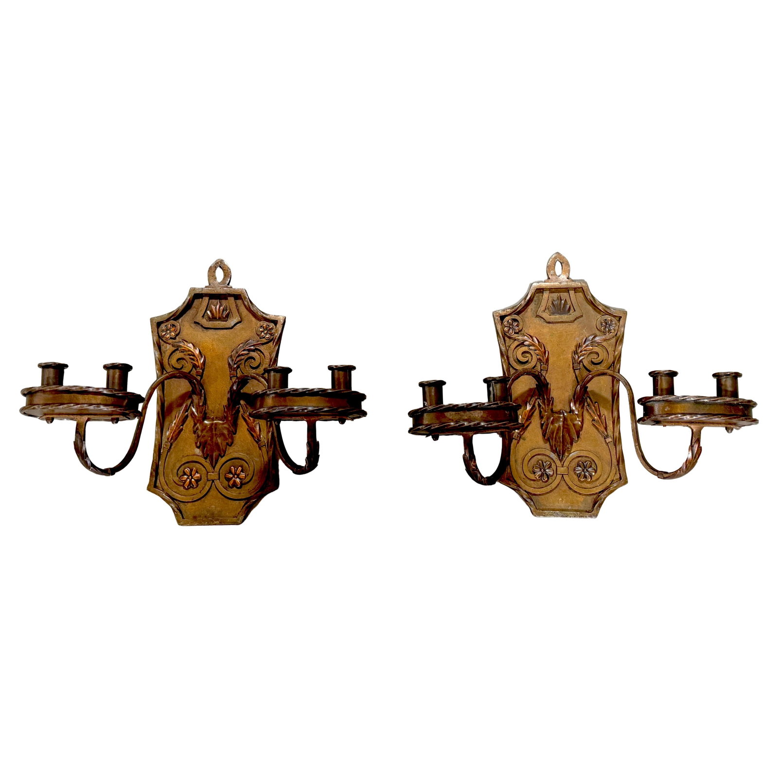 Set of Two Spanish Colonial Copper Four Light Wall Candle Sconces: Set of Two Spanish Colonial Copper Four Light Wall Candle Sconces This exquisite pair of early 20th-century Folk Art copper candle sconces features a unique engraved and applied design, showcasing exc