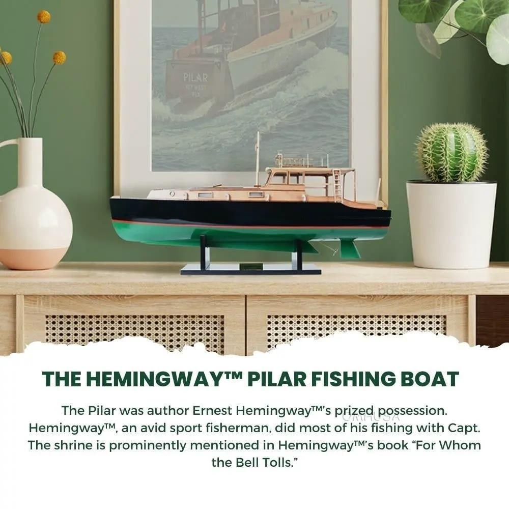 Hemingway Pilar Yacht Model 15H 27.50W 7.50D Wood Construction: Hemingway Pilar Yacht Model 15H 27.50W 7.50D Wood Construction This stunning model of the Hemingway Pilar yacht is a meticulously crafted representation of the iconic fishing boat. Made from high-qual