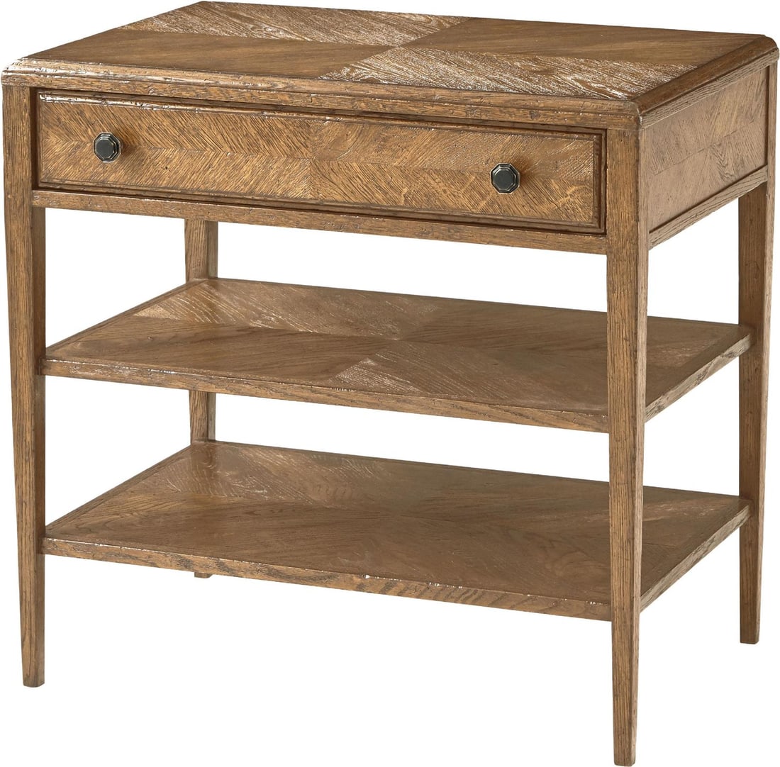 Nova Collection Rectangular Two-Tier Night Stand Aluminum Oak Veneer: Nova Collection Rectangular Two-Tier Night Stand Aluminum Oak Veneer This un-used Theodore Alexander Nova night stand features a modern two-tier rectangular design. Crafted from aluminum and oak venee