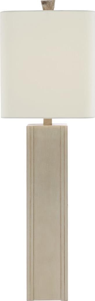 Ivory Table Lamp with Silver Leaf Finish Calloway Collection 33 Inch Height: Ivory Table Lamp with Silver Leaf Finish Calloway Collection 33 Inch Height This elegant Calloway table lamp features a silver leaf frame and an off-white shantung shade. The lamp is crafted from bras