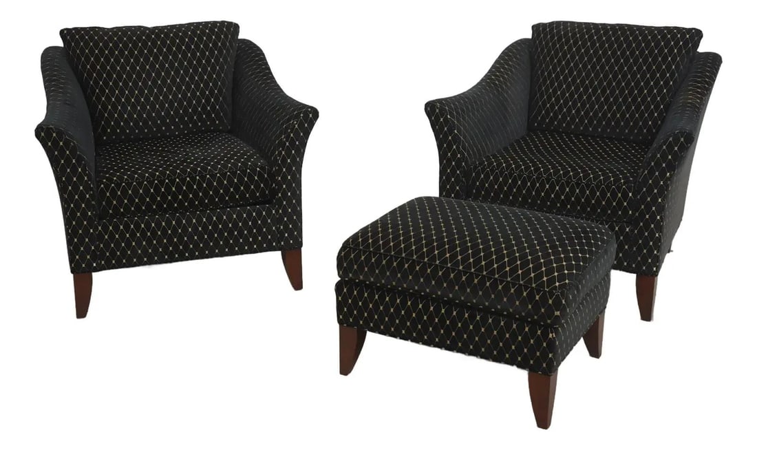 Stickley Upholstered Chairs and Ottoman Modern Design Brown Set: Stickley Upholstered Chairs and Ottoman Modern Design Brown Set This elegant pair of Stickley upholstered large chairs and ottoman features high-quality construction and a modern design with flared ar