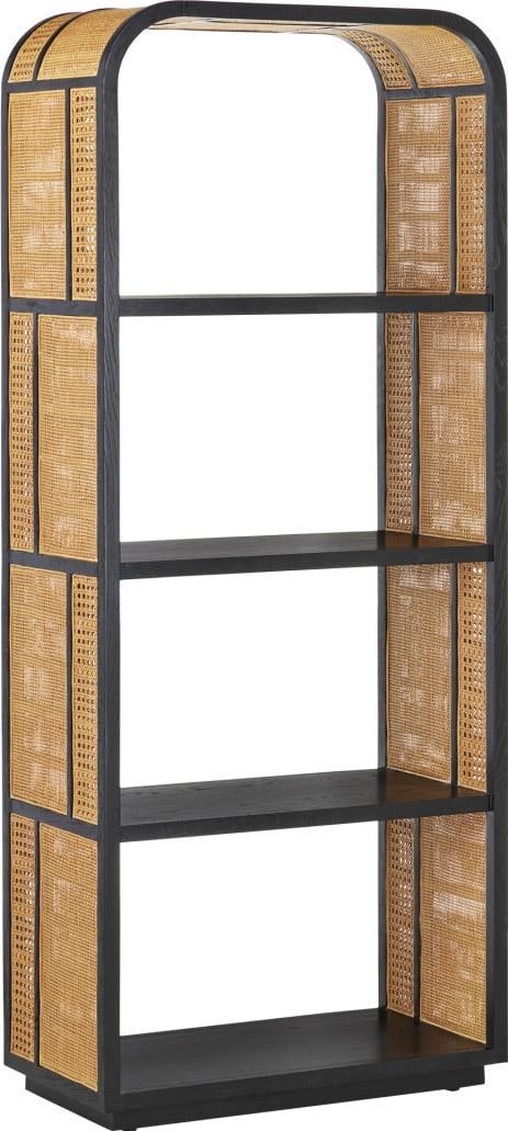 Currey Anisa Black Etagere Scandinavian Oak Rattan Cane: Currey Anisa Black Etagere Scandinavian Oak Rattan Cane Introducing the exquisite Anisa Black Etagere, a stunning addition to any home decor. This elegant piece features a combination of oak and ratta