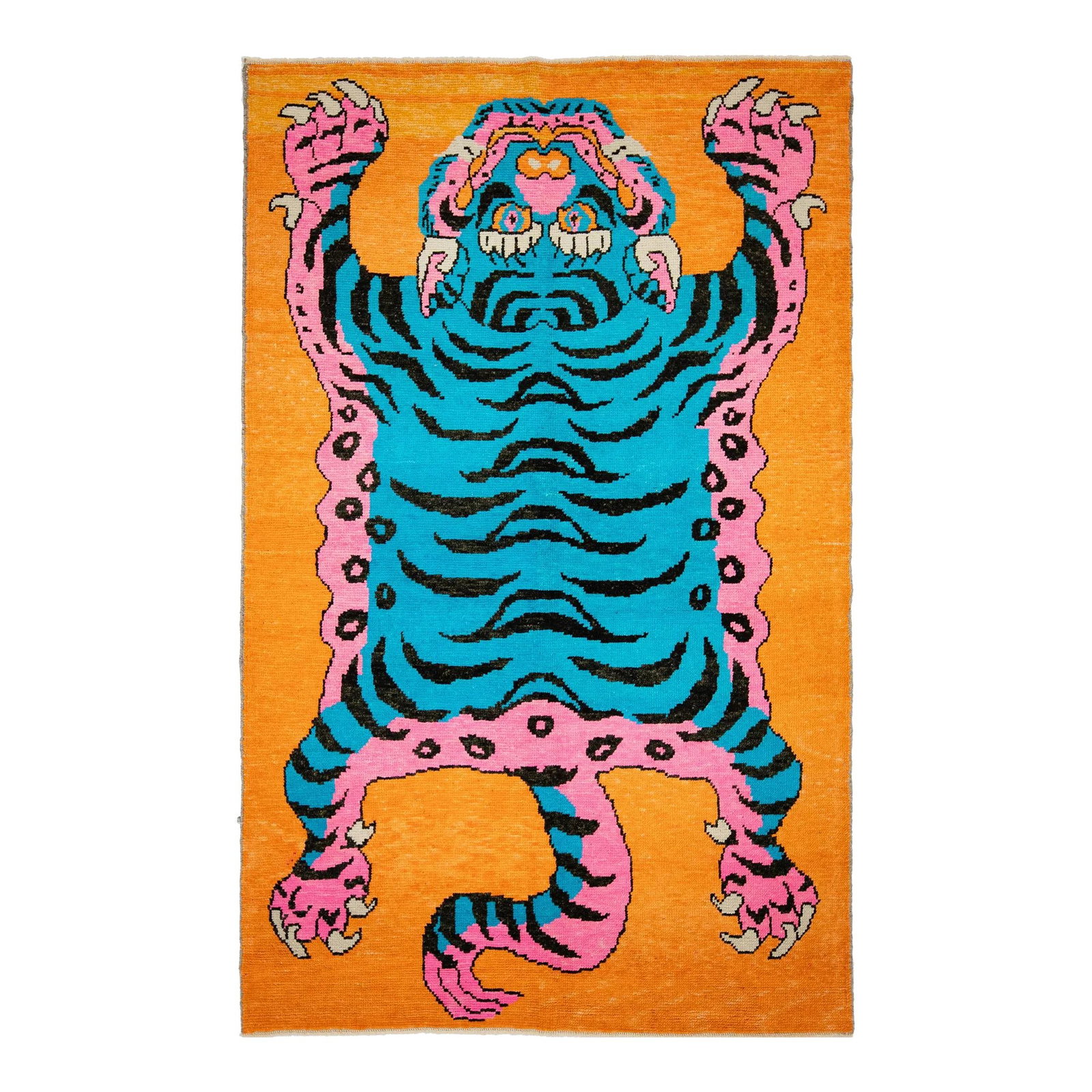 Handmade Turkish Art Deco Orange Wool Rug with Tiger Motif 5'4 x 8'6: Handmade Turkish Art Deco Orange Wool Rug with Tiger Motif 5'4 x 8'6 Enhance your living space with this stunning handmade Turkish Art Deco wool rug. Featuring a vibrant orange field, this rug showcas