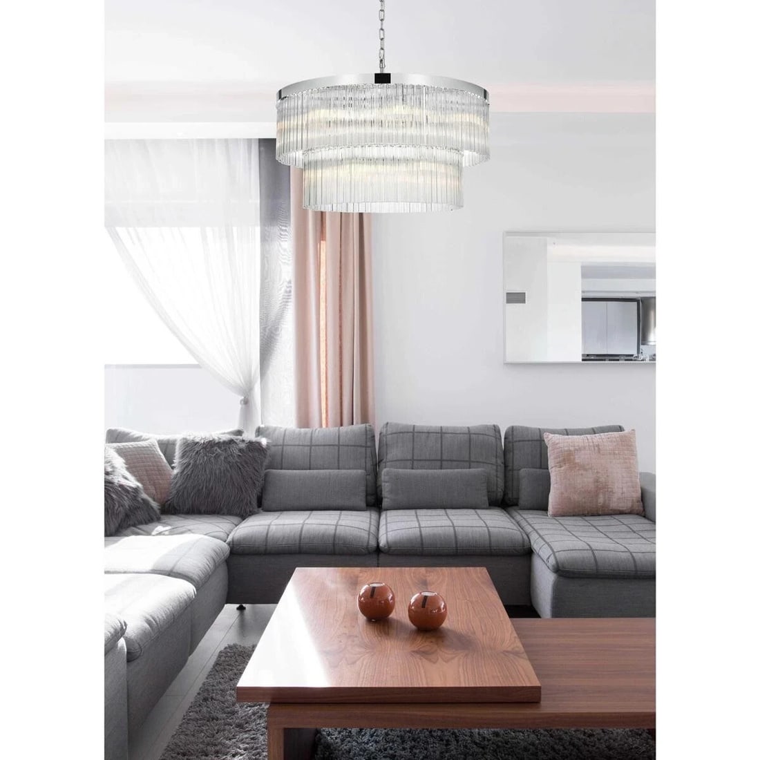 Modern 14-Light Chrome Harlow 32 Inch Glass Chandelier for Dining or Foyer: Modern 14-Light Chrome Harlow 32 Inch Glass Chandelier for Dining or Foyer This modern 14-light chandelier features a high-quality chrome finish and a round clear glass shade design, ideal for dining 
