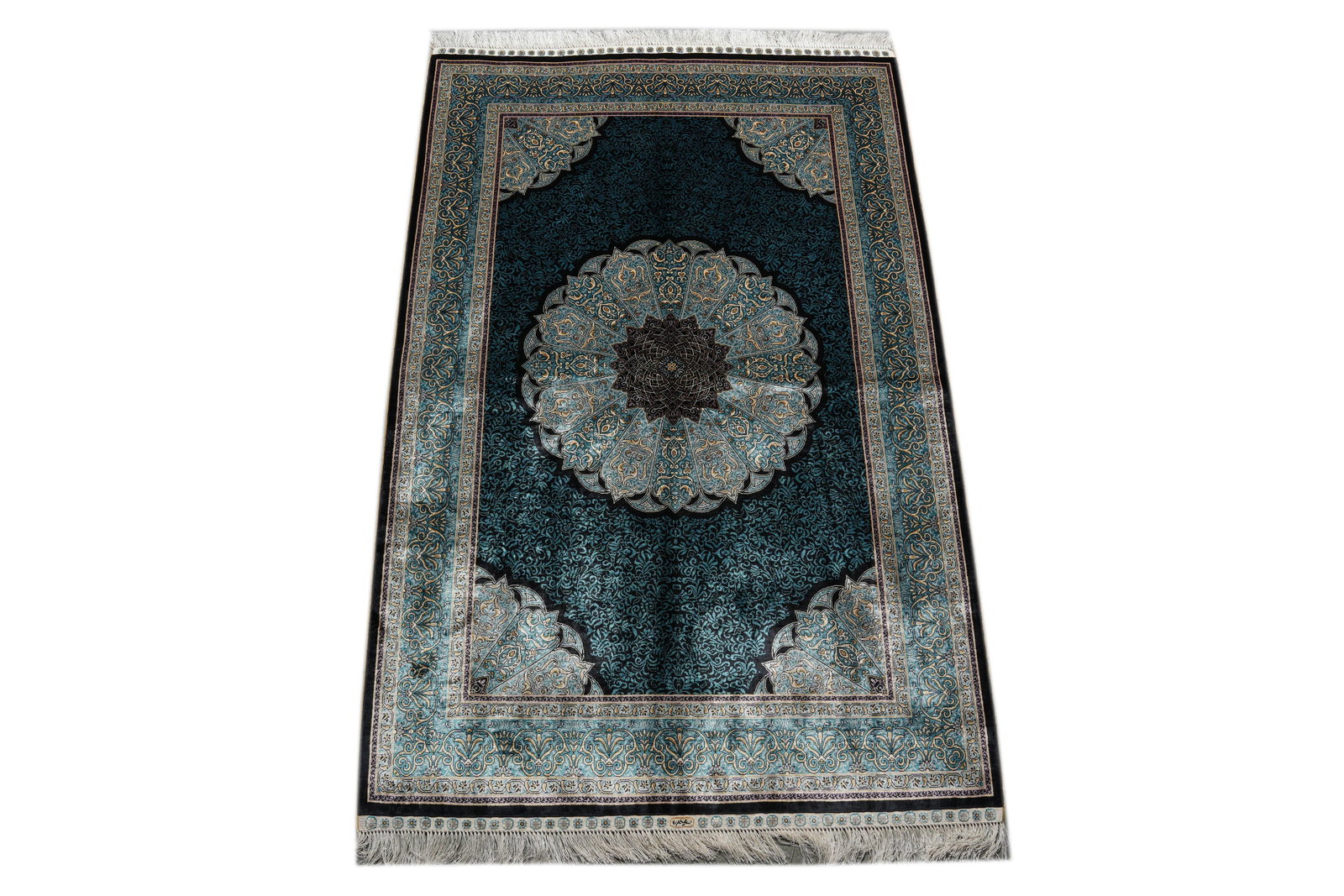 Hand Knotted Turquoise Silk Rug 4.6 x 6.9 Artistic Accent Piece (1 of 11)