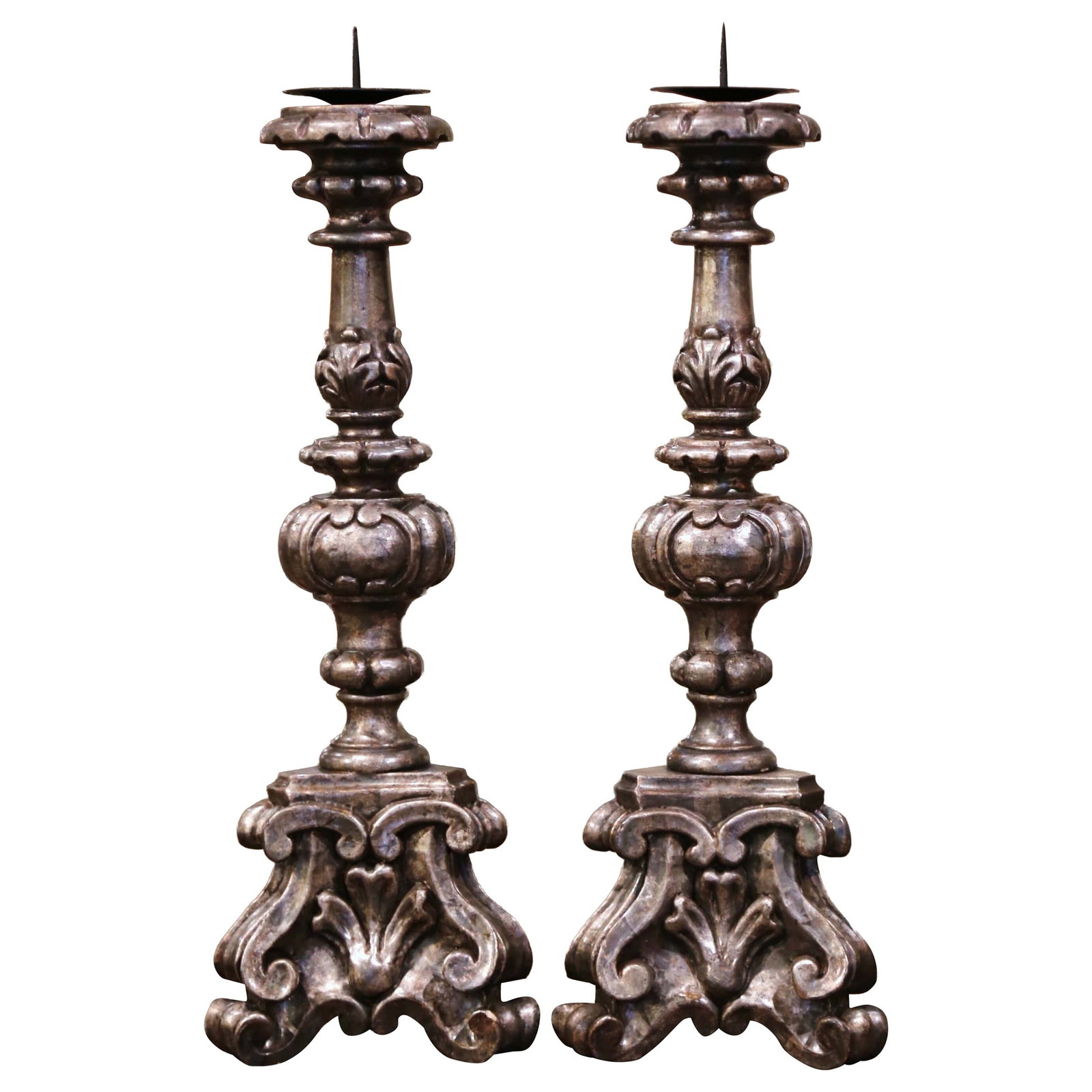 Set of 2 Italian Silver Leaf Louis XV Style Carved Wooden Pricket Candlesticks (1 of 6)