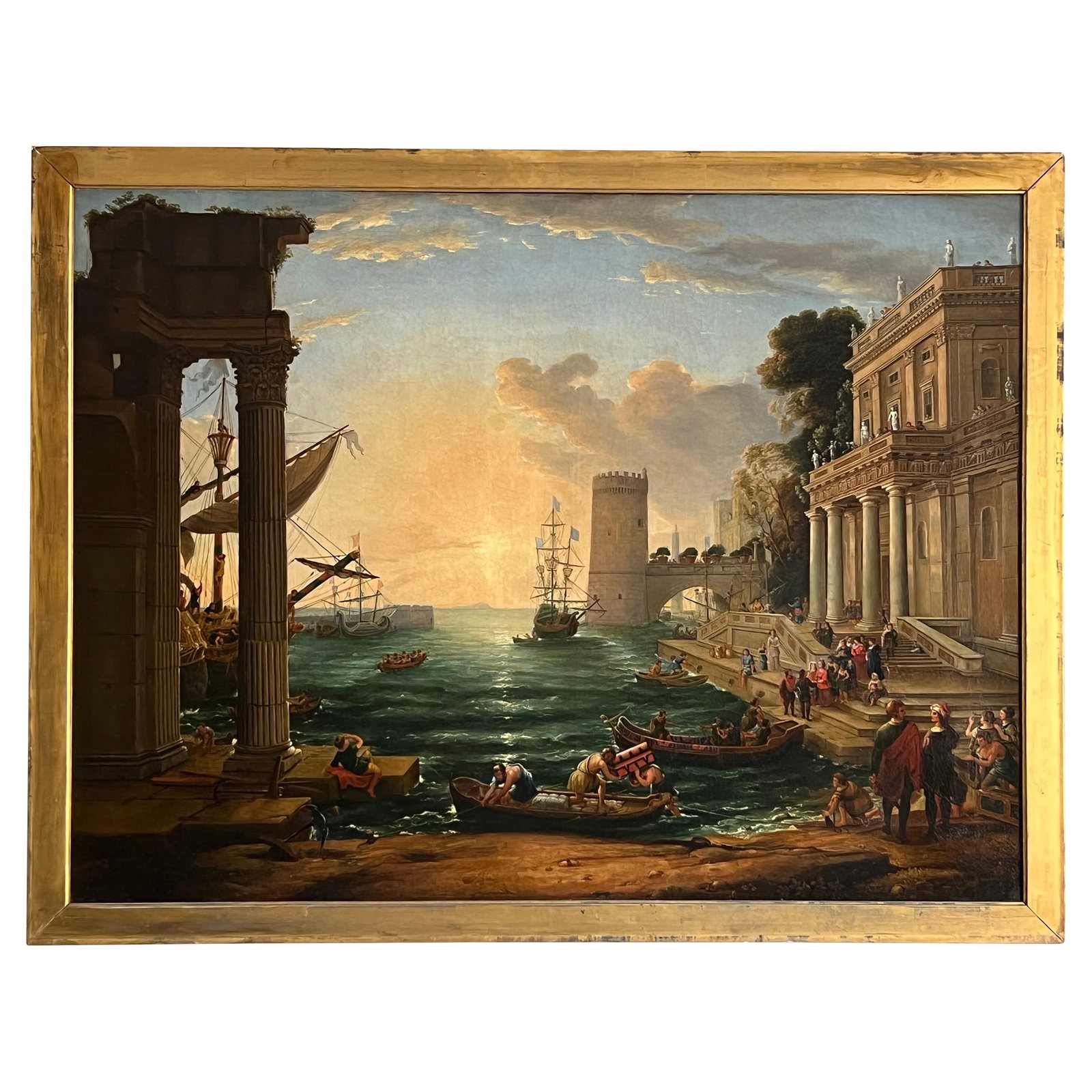 19th Century Oil on Canvas After Claude Lorrain Queen of Sheba: 19th Century Oil on Canvas After Claude Lorrain Queen of Sheba This stunning oil on canvas painting is a 19th-century reproduction after the renowned artist Claude Lorrain, depicting the "Embarkation 