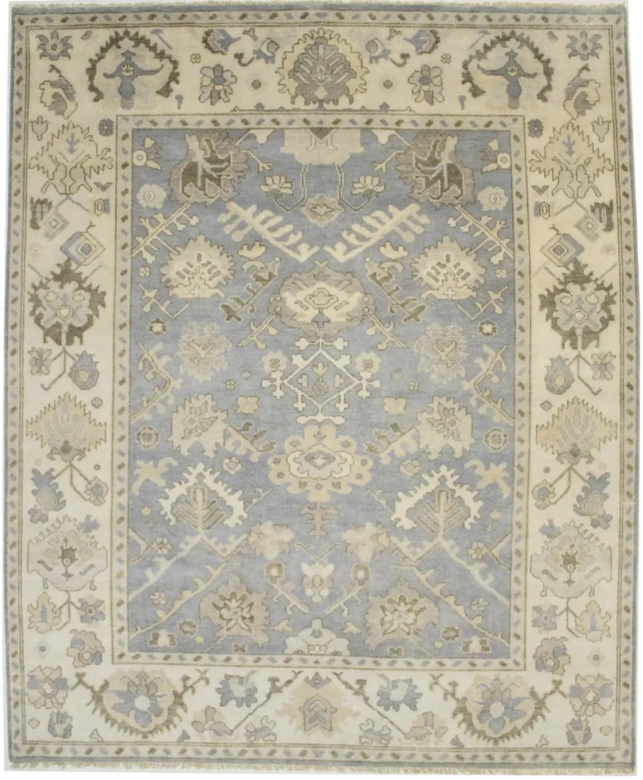 8'2 x 9'10 Wool Floral Oushak Chobi Area Rug in Muted Modern Tones: 8'2 x 9'10 Wool Floral Oushak Chobi Area Rug in Muted Modern Tones This handmade floral Oushak Chobi rug features a muted color palette of gray, cream, beige, and brown. Expertly hand-knotted from woo