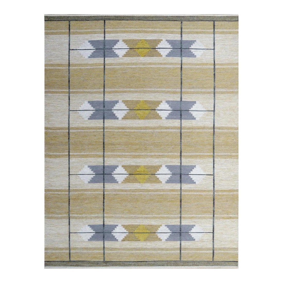 10'3 x 14'6 Handcrafted Geometric Wool Rug in Yellow Gray Ivory: 10'3 x 14'6 Handcrafted Geometric Wool Rug in Yellow Gray Ivory Enhance your living space with this stunning handcrafted geometric Swedish-style wool rug. Featuring an eye-catching geometric pattern i