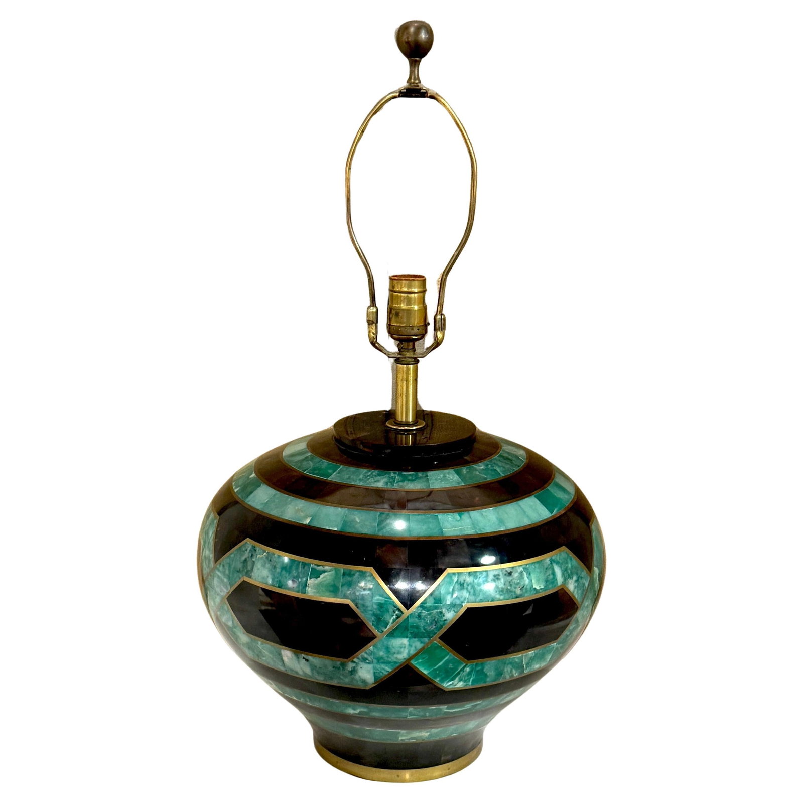 Modern Coromandel and Malachite Lacquer Table Lamp with Brass Inlay: Modern Coromandel and Malachite Lacquer Table Lamp with Brass Inlay This table lamp, crafted in the style of Karl Springer, showcases a striking Coromandel and Malachite lacquer mosaic in a continuous