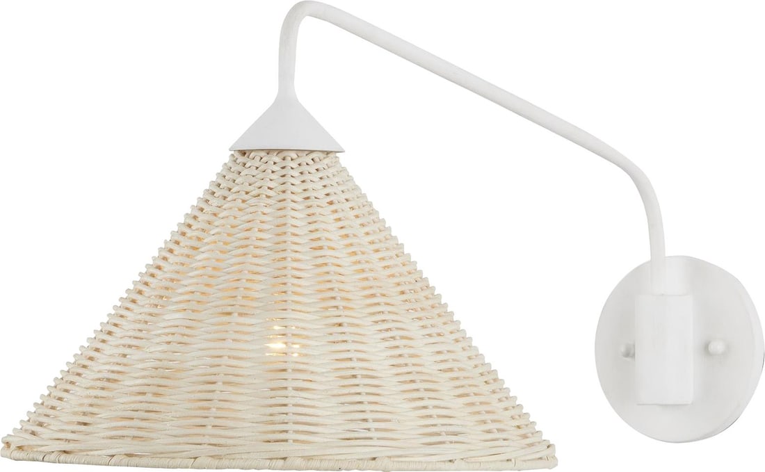Currey Coastal Style White Woven Swing-Arm Wall Sconce: Currey Coastal Style White Woven Swing-Arm Wall Sconce Illuminate your space with this chic white woven wall sconce featuring natural accents. Perfect for coastal-themed interiors, this swing-arm desi