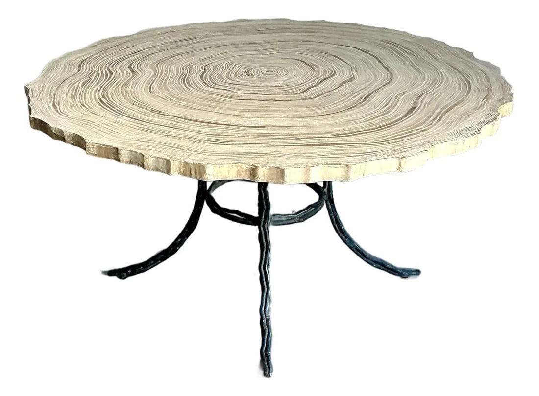 Cast Concrete Boho Chic Coffee Table With Tree Ring Design 55" X 55" X 30": Cast Concrete Boho Chic Coffee Table With Tree Ring Design 55" X 55" X 30" This vintage Boho coffee table features a cast concrete top meticulously crafted to resemble the intricate rings and texture 