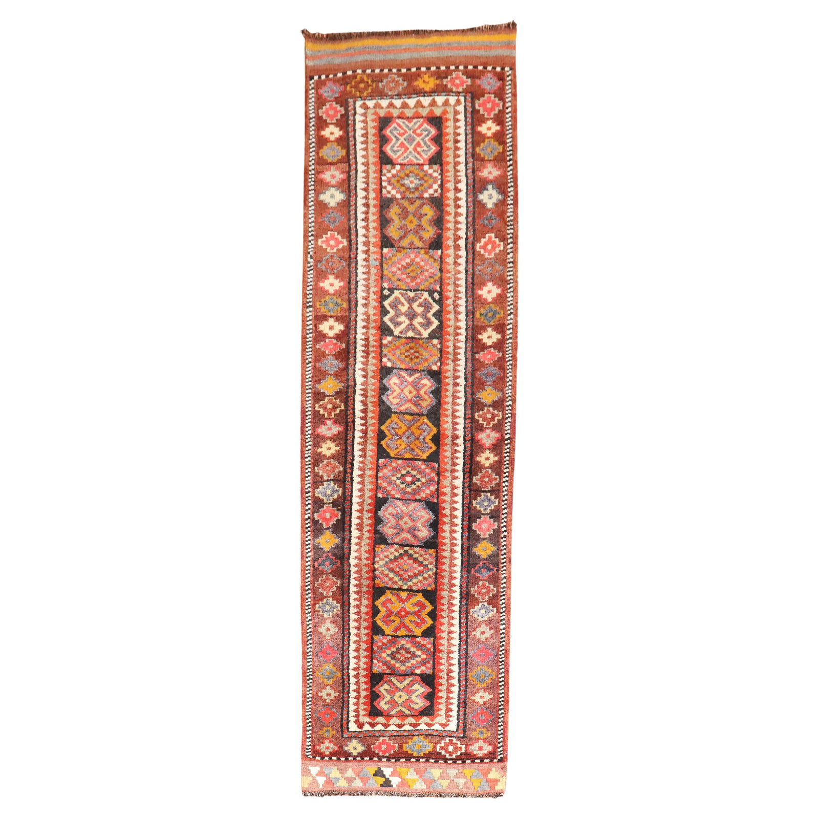 Bohemian Tribal Turkish Runner Wool Hand-Knotted 34 x 123 in: Bohemian Tribal Turkish Runner Wool Hand-Knotted 34 x 123 in This stunning Tribal Turkish Runner showcases a striking geometric design that perfectly embodies the essence of Bohemian style. Hand-knott