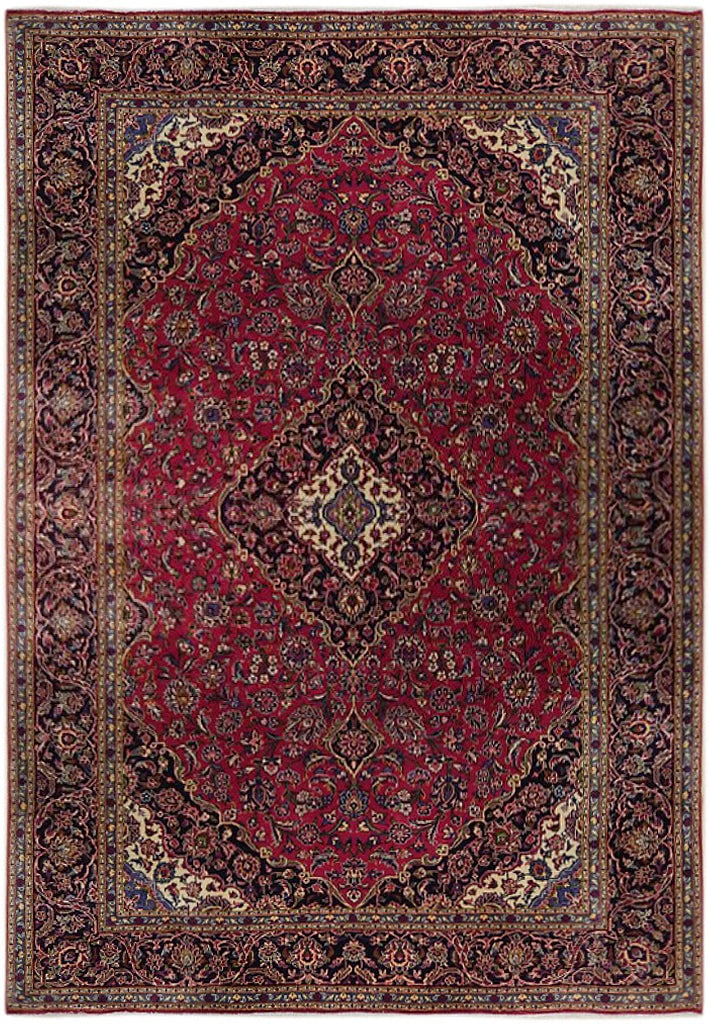 9.6 x 13 Hand-Knotted Persian Kashan Rug Maroon Semi-Antique (1 of 7)