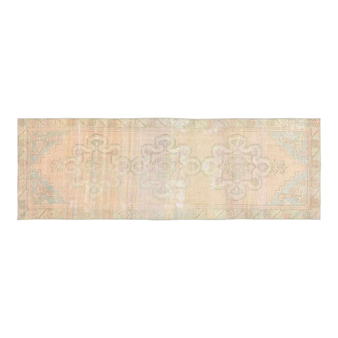 Hand-Knotted Wool Turkish Rug White 3x8'10 Vintage Design: Hand-Knotted Wool Turkish Rug White 3x8'10 Vintage Design This vintage Turkish rug is hand-knotted from wool using traditional rug-making techniques, blending classic craftsmanship with a modern desig
