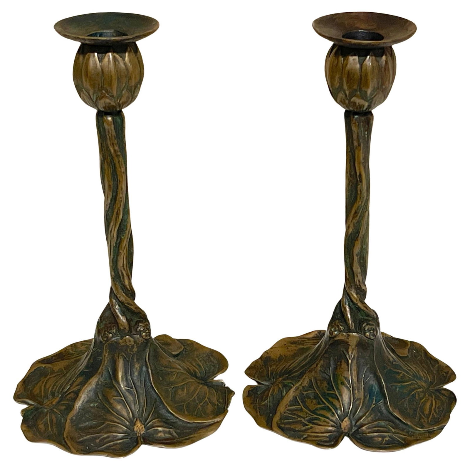 Set of 2 Art Nouveau Bronze Candlesticks by CH Barr 1902: Set of 2 Art Nouveau Bronze Candlesticks by CH Barr 1902 This exquisite pair of Art Nouveau Bronze Lily Pad & Water Nymph Candlesticks, signed by CH Barr and dated 1902, showcases the whimsical and or