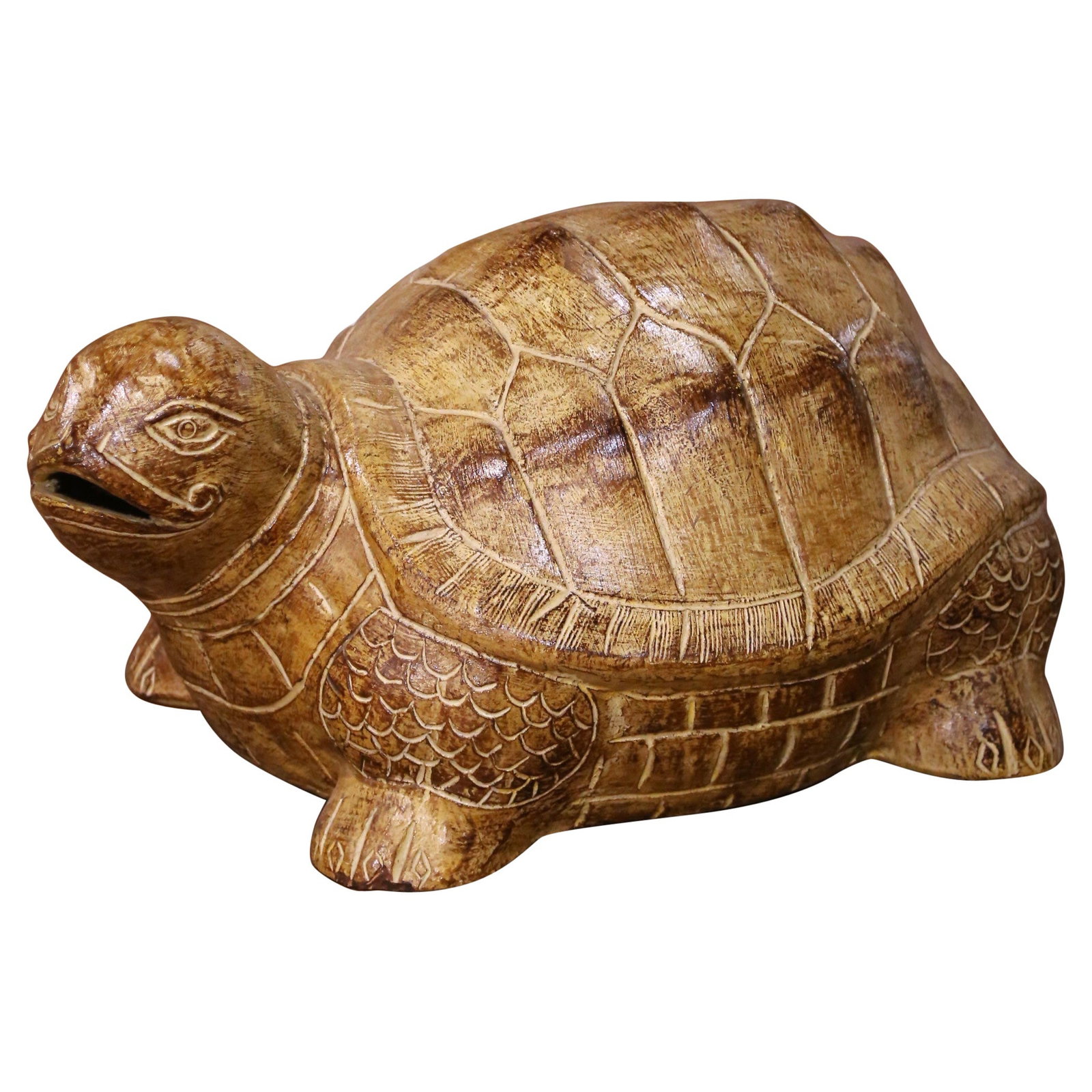 French Hand-Carved Terracotta Turtle Sculpture with Aged Patina: French Hand-Carved Terracotta Turtle Sculpture with Aged Patina Add a touch of whimsy to your space with this exquisite French Terracotta Turtle Sculpture, perfect for patios, gardens, or interior dec