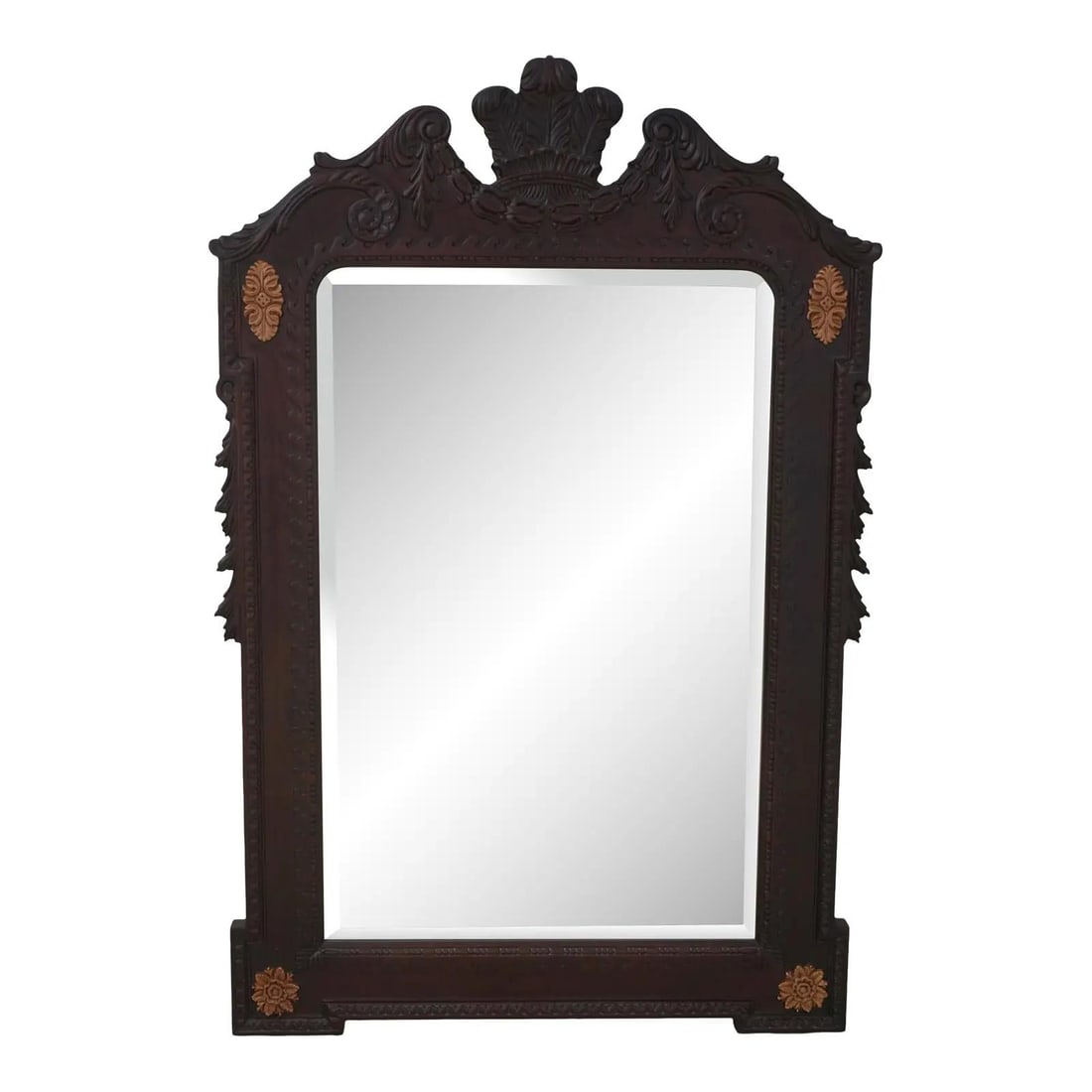 Elegant Regency Carved Mahogany Mirror with Gold Highlights 37x55.5: Elegant Regency Carved Mahogany Mirror with Gold Highlights 37x55.5 This Regency Style Carved Mahogany Frame Mirror features exquisite carved details and quality construction, making it a stunning add