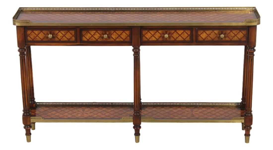 Burl Wood Parquetry Console Table with Brass Gallery and Four Drawers (1 of 10)