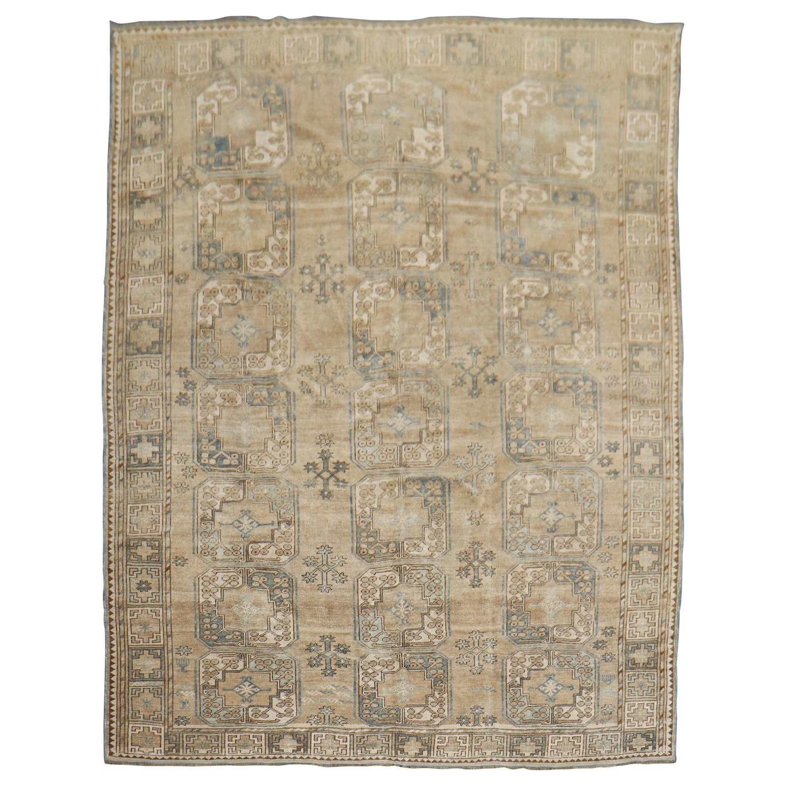 Tribal Wool Ersari Rug in Soft Brown and Blue 7'4" x 9'8": Tribal Wool Ersari Rug in Soft Brown and Blue 7'4" x 9'8" This exquisite Soft Brown Denim Blue Tribal Ersari Carpet is a unique piece from the 20th century, originally crafted in Central Asia during t