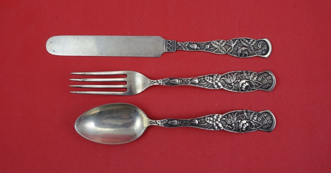 Set of 3 Knowles Rose Sterling Silver Travel Utensils with Beetle Motif (1 of 2)
