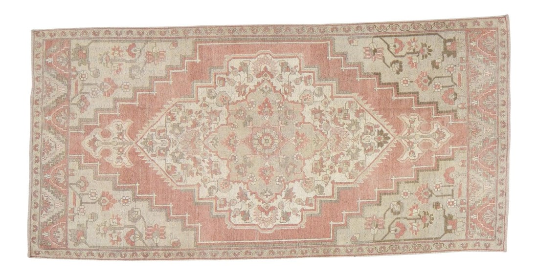 5'1 x 10'4 Wool Turkish Oushak Rug in Natural Red Tones: 5'1 x 10'4 Wool Turkish Oushak Rug in Natural Red Tones This vintage Anatolian Oushak rug features a hand-knotted construction with natural colors, offering a soft texture and fine weave. Crafted from