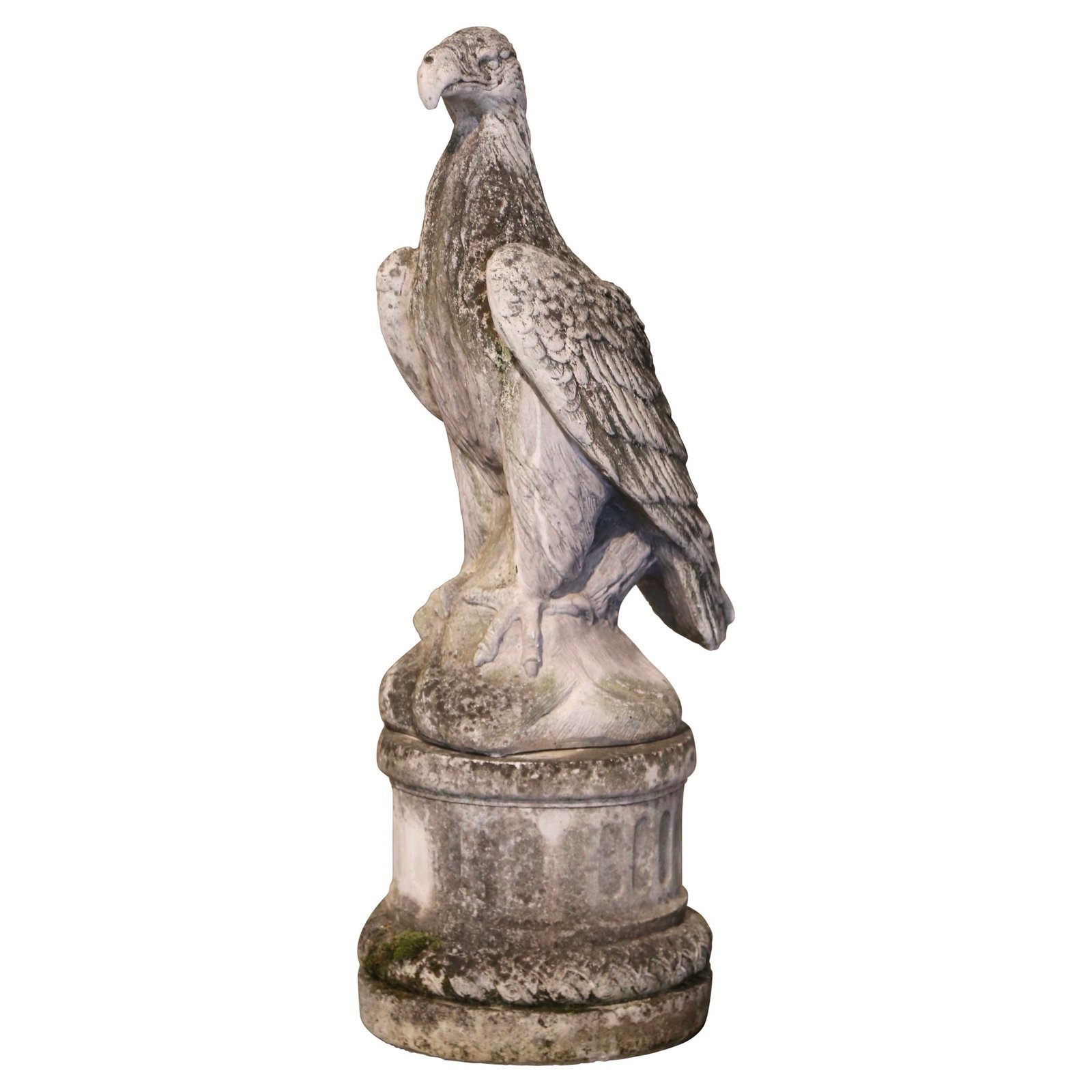 French Hand-Carved Stone Eagle Sculpture with Pedestal Circa 1880: French Hand-Carved Stone Eagle Sculpture with Pedestal Circa 1880 This 19th-century French garden sculpture features a finely hand-carved stone eagle perched atop a naturalistic rock, mounted on its o