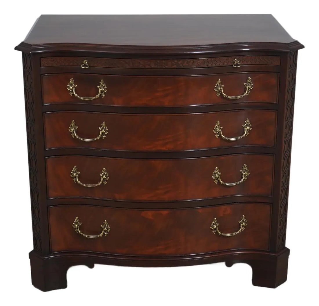 Chippendale Mahogany Bachelor Chest with Slide Brass Hardware 36w 21d 34h: Chippendale Mahogany Bachelor Chest with Slide Brass Hardware 36w 21d 34h This Henkel Harris bachelor chest features high-quality mahogany construction with a rich Finish No.29. Designed in the 18th-c