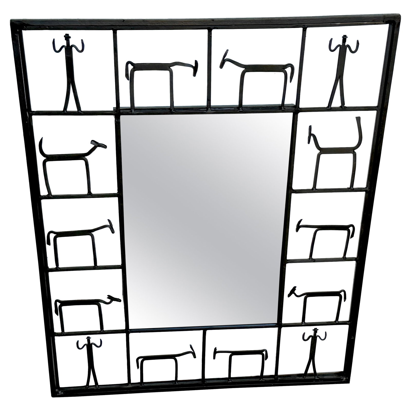 Modern Figural Iron Wall Mirror by Frederick Weinberg American Mid Century Design: Modern Figural Iron Wall Mirror by Frederick Weinberg American Mid Century Design This mid-20th century wall mirror, designed by Frederick Weinberg, features a sculptural frame crafted from blackened 