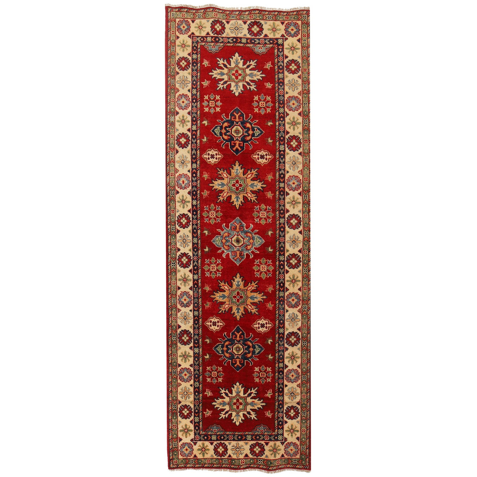 Handmade Red Kazak Rug 2.9 x 8 Feet Wool Artistry from Pakistan: Handmade Red Kazak Rug 2.9 x 8 Feet Wool Artistry from Pakistan Free continental US Shipping Enhance your living space with this exquisite 2.9 x 8 Beautiful Handmade Red Kazak Rug, meticulously crafte