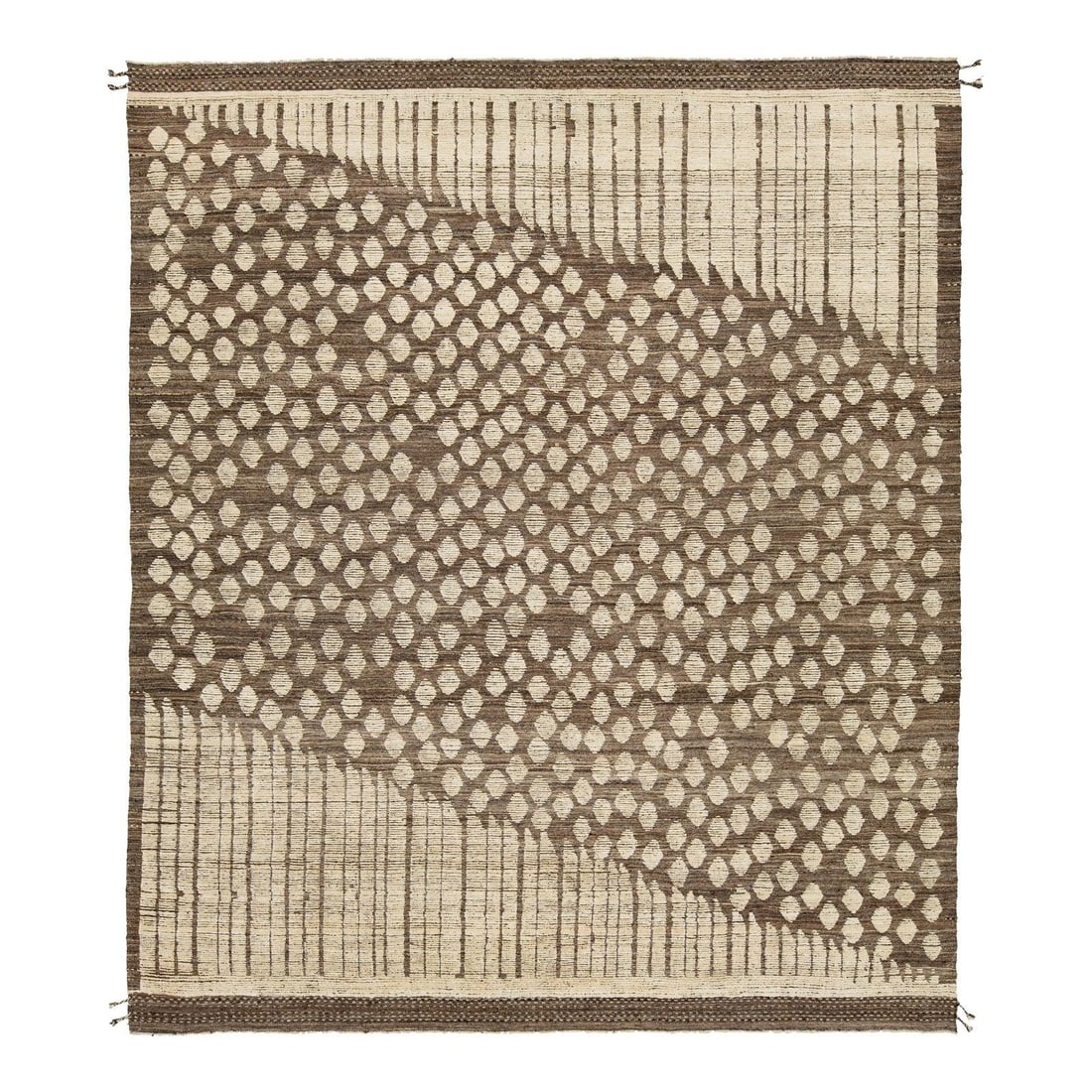 12'7" x 14'8" Wool Rug With Modern Moroccan Geometric Pattern: 12'7" x 14'8" Wool Rug With Modern Moroccan Geometric Pattern This handmade modern Moroccan-style rug is crafted from soft wool and features a bold geometric design in warm neutral tones and crisp whi