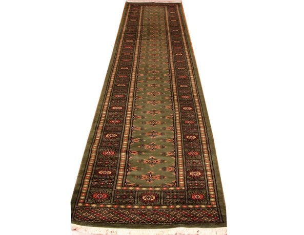 Handcrafted 2.7 x 13 Sage Green Bokhara Runner Rug from Pakistan: Handcrafted 2.7 x 13 Sage Green Bokhara Runner Rug from Pakistan Free continental US Shipping Enhance your living space with the timeless elegance of this Sage Green Pakistan Bokhara Runner. Measuring