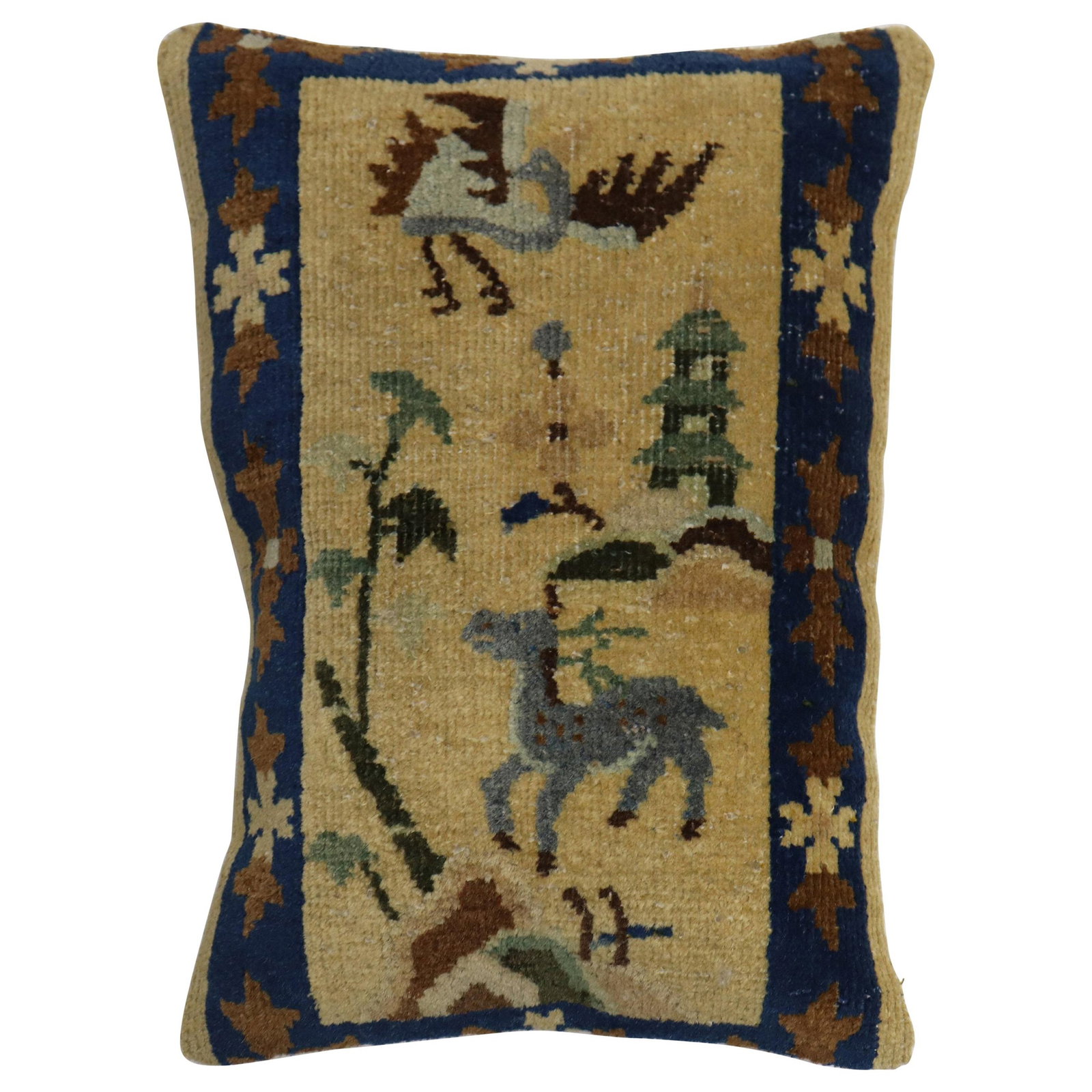 Chinoiserie Hand-Knotted Chinese Peking Rug Pillow 15 x 21: Chinoiserie Hand-Knotted Chinese Peking Rug Pillow 15 x 21 Enhance your decor with this exquisite large Chinese pictorial goat rug pillow, crafted from an early 20th century Peking rug. Featuring a Ch