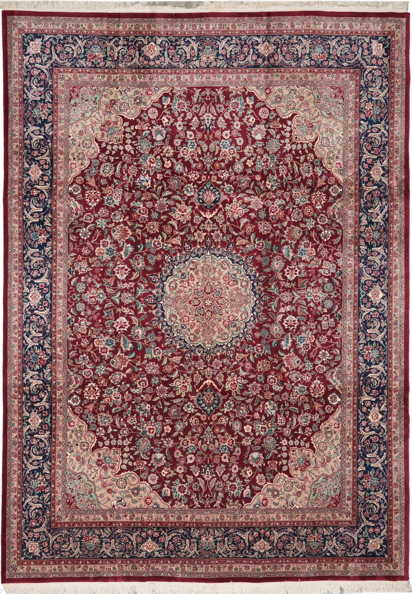 9 x 12 Wool and Silk Handcrafted Carpet Rich Burgundy Traditional Design: 9 x 12 Wool and Silk Handcrafted Carpet Rich Burgundy Traditional Design Free continental US Shipping This 9 x 12 handcrafted Pakistani carpet features a premium blend of soft wool and lustrous silk, 