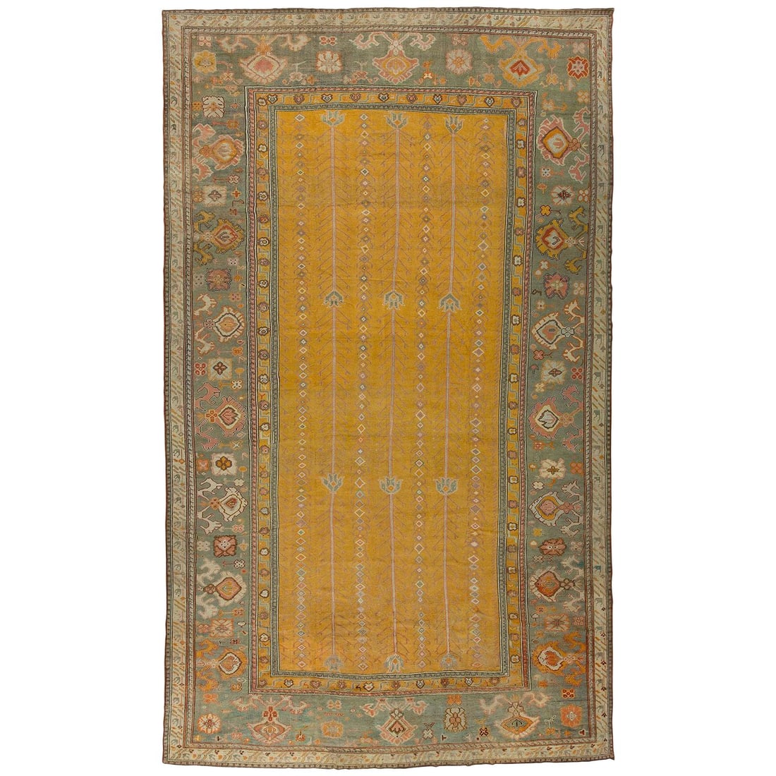 Oversized Yellow Wool Ghiordes Turkish Oushak Carpet Late 19th Century: Oversized Yellow Wool Ghiordes Turkish Oushak Carpet Late 19th Century This exquisite Yellow Antique Turkish Ghiordes Carpet features a vibrant all-over sunny yellow motif accented by a rich green bor