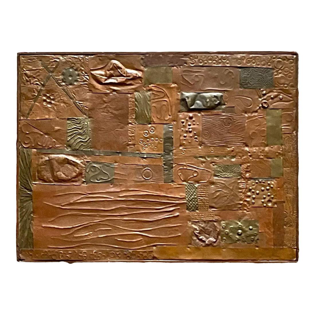 Abstract Wall Art in Mixed Metal Mid-Century Modern Style: Abstract Wall Art in Mixed Metal Mid-Century Modern Style This mid-century mixed metal abstract assemblage features a captivating arrangement of textured and embossed metal pieces set on a wood base. 