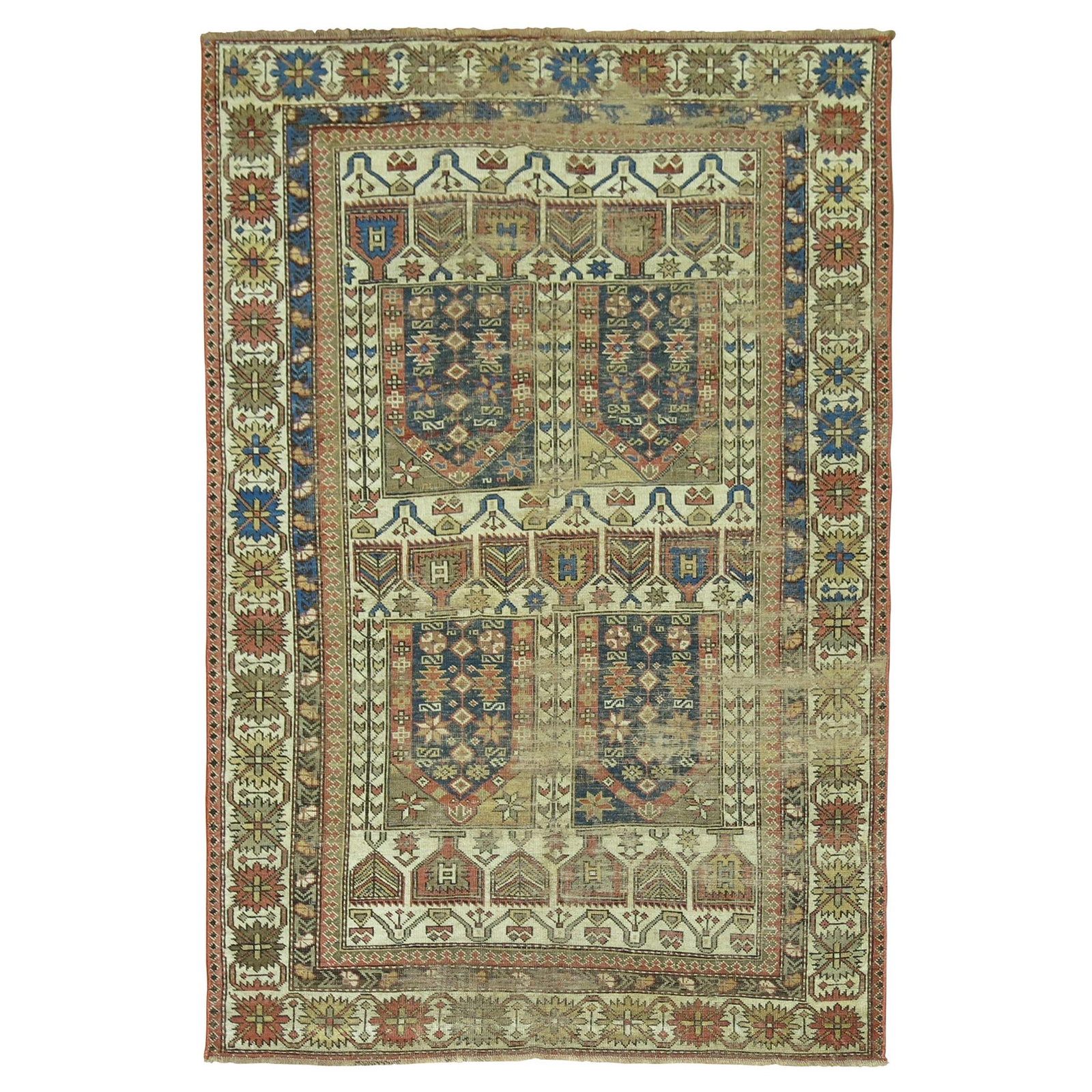 Late 19th Century Hand-Knotted Caucasian Wool Rug 3'7" x 5'2" Rustic Style: Late 19th Century Hand-Knotted Caucasian Wool Rug 3'7" x 5'2" Rustic Style Discover this exquisite 19th Century Caucasian Rug, a perfect blend of rustic charm and enduring quality. Measuring 43 in wid