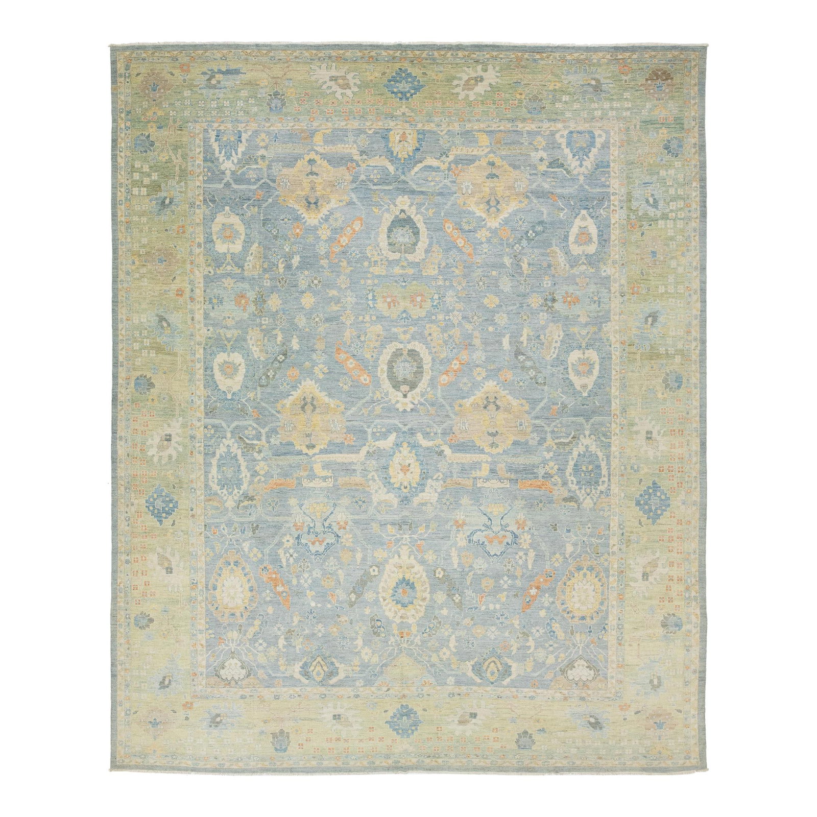 Handmade Oversized Sultanabad Floral Wool Rug Blue Green 16'3 x 19'10: Handmade Oversized Sultanabad Floral Wool Rug Blue Green 16'3 x 19'10 Enhance your living space with this exquisite hand-knotted oversized Sultanabad wool rug. Featuring a calming light blue backdrop 